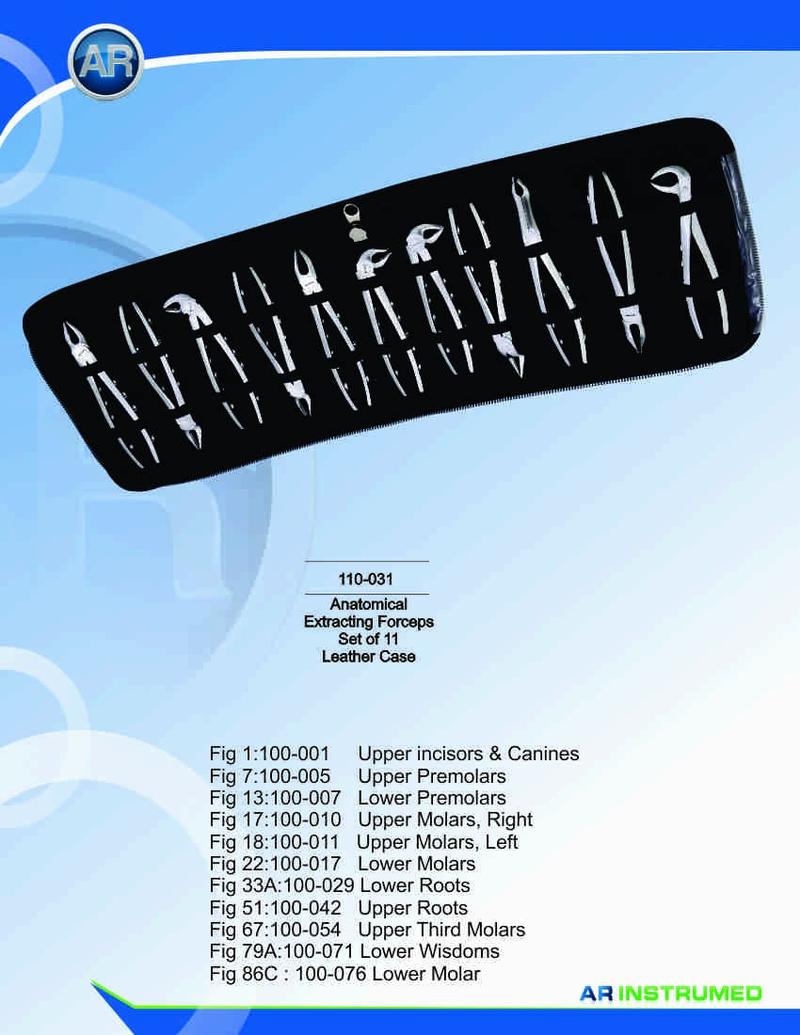 Set di 11 pinze anatomiche per estrazione. Custodia in pelle